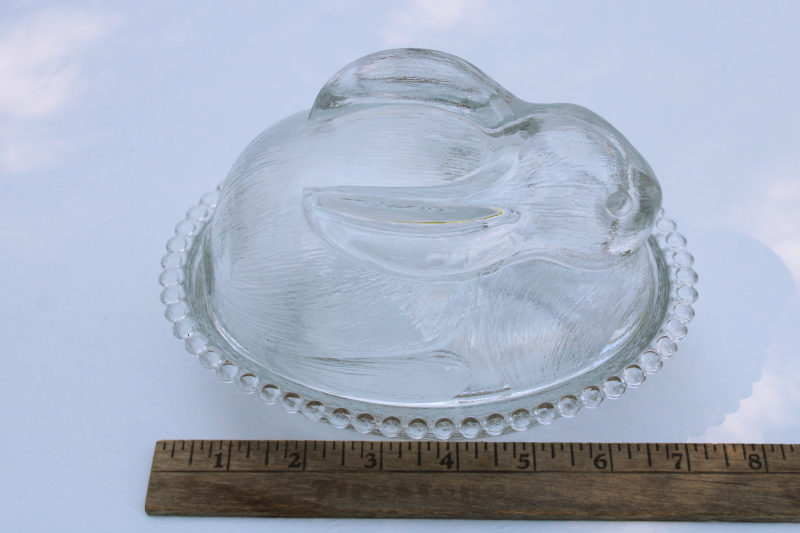 vintage Indiana glass rabbit on nest, clear glass Easter bunny candy dish