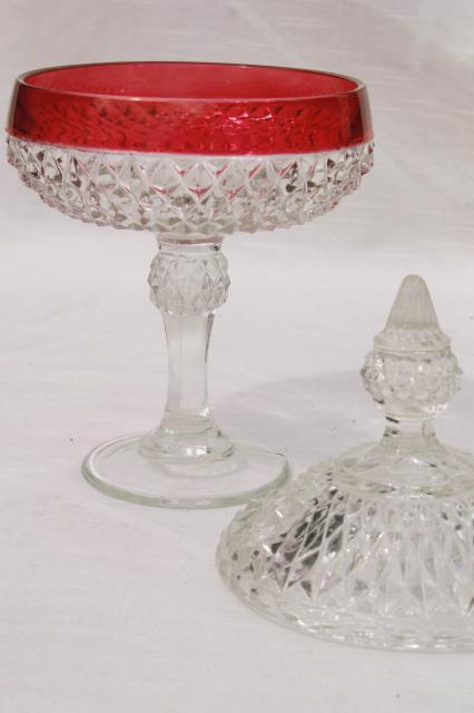 vintage Indiana glass ruby band diamond point pattern pressed glass compote candy dish