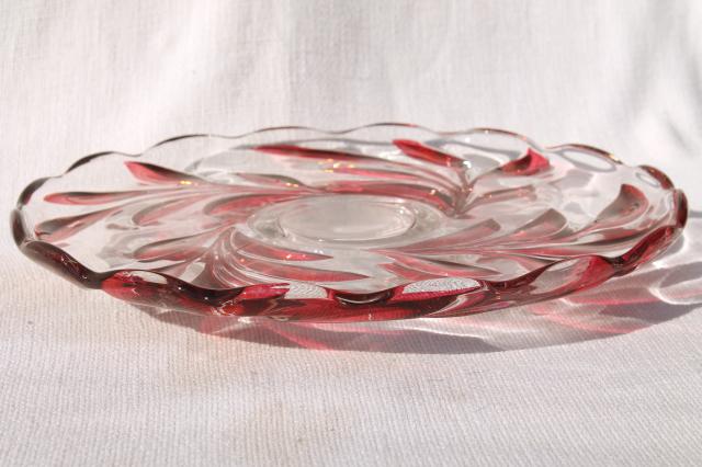 vintage Indiana glass ruby red flash cake plate, oleander willow pattern