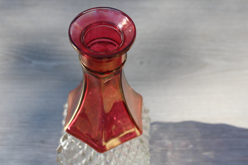 vintage Indiana glass ruby stain crystal clear diamond point decanter bottle w/ stopper