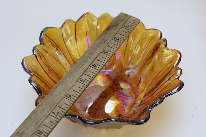 vintage Indiana glass sunflower bowl, marigold orange carnival glass iridescent luster