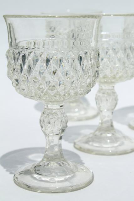 vintage Indiana glass wine or water glasses, crystal clear diamond point goblets