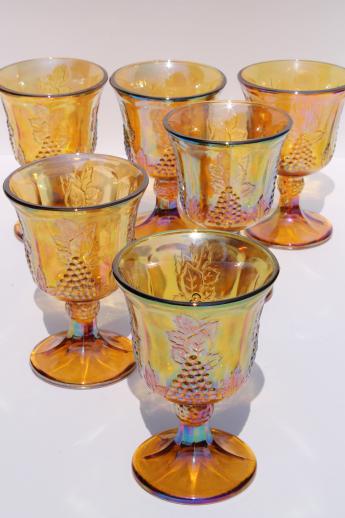 vintage Indiana golden harvest gold carnival glass wine glasses, set of six goblets