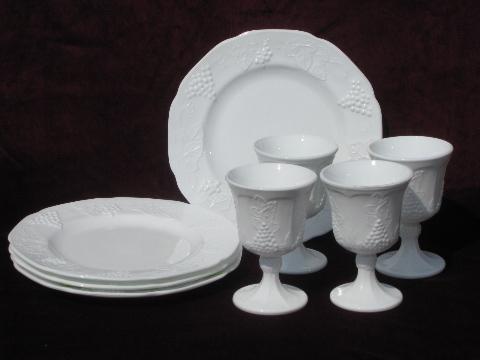 vintage Indiana harvest grapes milk glass plates and goblet water glasses