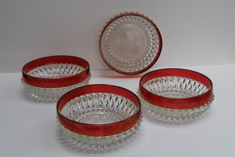vintage Indiana ruby band diamond point glass bowls, flashed stained ruby color