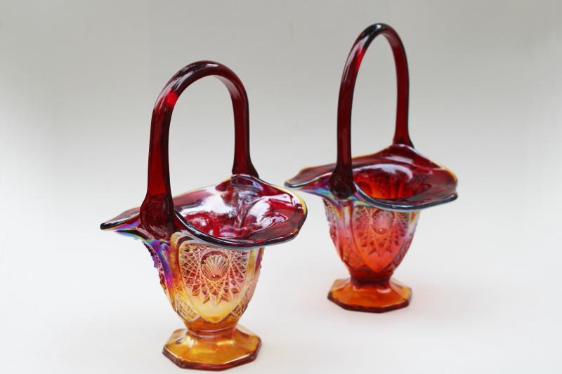 vintage Indiana sunset amberina carnival glass baskets, pair flower basket vases