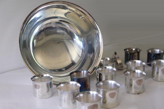vintage International silver plate punch bowl set, julep glasses or cups, ladle