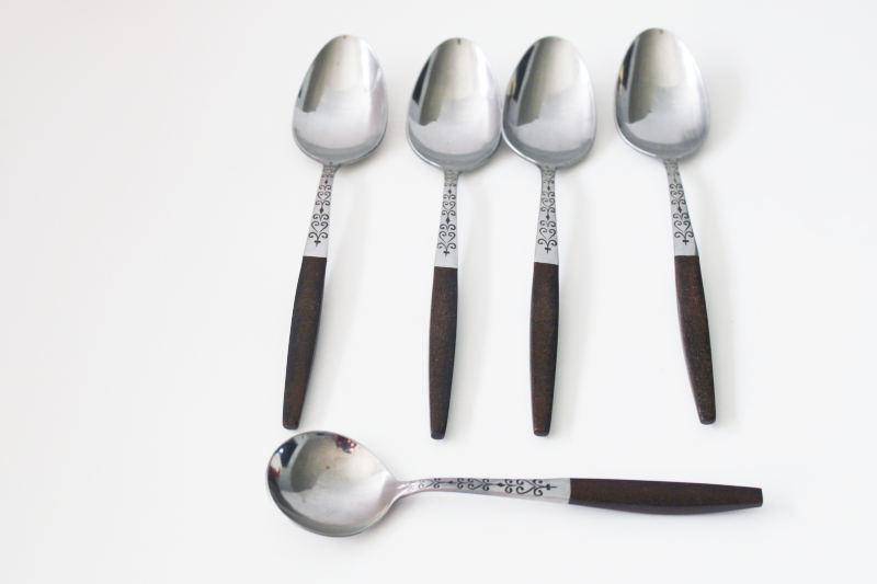 vintage Interpur stainless flatware soup spoons rosewood brown melamine handles Canoe Muffin style