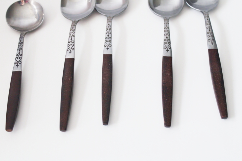 vintage Interpur stainless flatware soup spoons rosewood brown melamine handles Canoe Muffin style