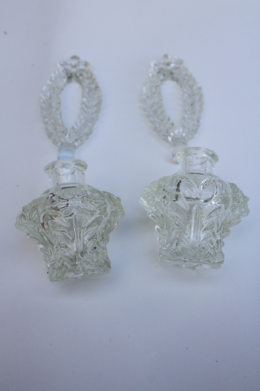vintage Irice pressed glass perfume bottles w/ tall fancy stoppers, vanity bottle pair
