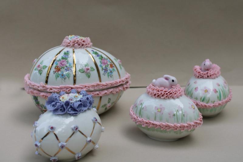 vintage Irish dresden china lace trimmed Easter eggs & egg shaped trinket box