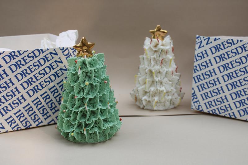 vintage Irish dresden lace china Christmas tree bells, holiday ornaments