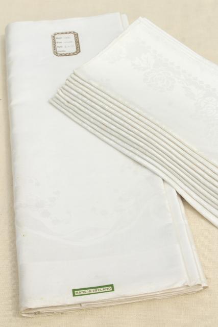 white Irish Linen Damask Tablecloth and Napkins 