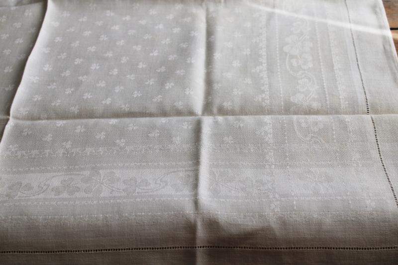 vintage Irish linen damask cloth w/ shamrock clovers woven pattern, small table cover