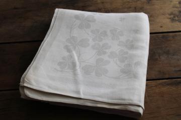 vintage Irish linen tablecloth, shamrocks clover pattern damask fabric