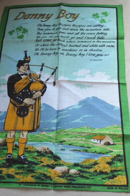 vintage Irish linen tea towel, Danny Boy lyrics print, souvenir of Ireland