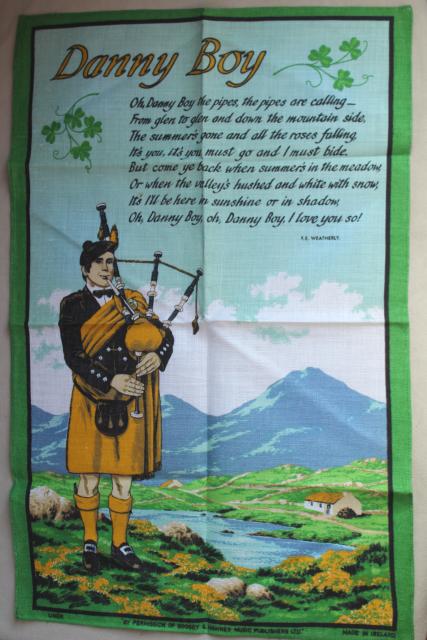 vintage Irish linen tea towel, Danny Boy lyrics print, souvenir of Ireland