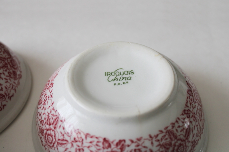 vintage Iroquois restaurant ware ironstone china cereal bowls, red transferware floral