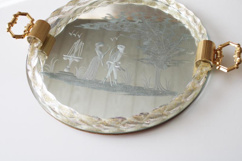 vintage Italian Murano glass tray, etched mirror w/ gold flake glass twist frame