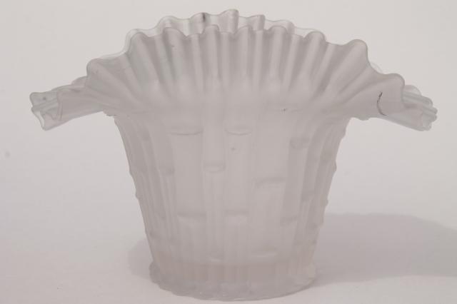 vintage Italian art glass vase w/ bamboo, crimped ruffle - camphor white frosted clear glass