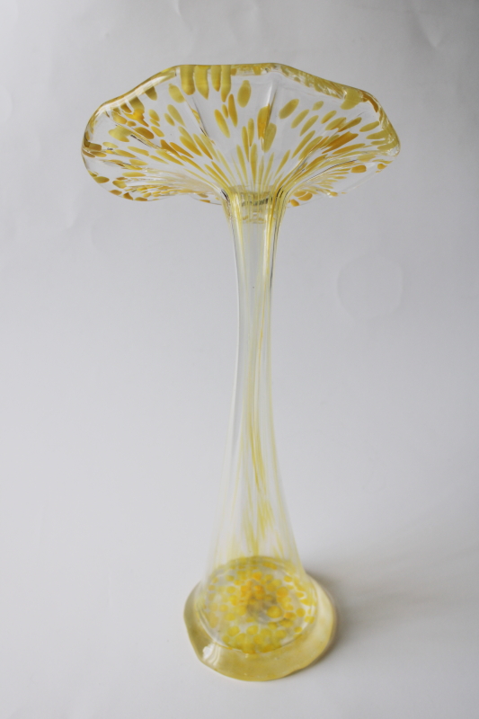 vintage Italian art glass vase, swung shape flower Murero label yellow / clear glass