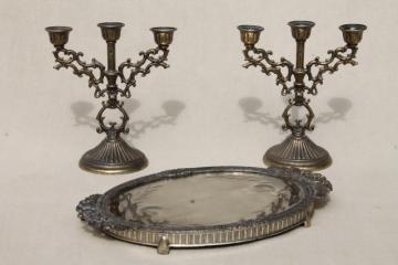 vintage Italian brass candelabra & mirror tray, tiny ornate garniture set w/ candlesticks for small candles
