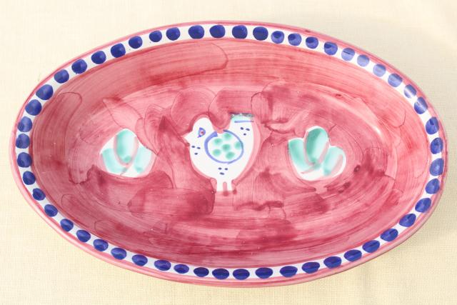 vintage Italian ceramic dishes, Vietri Campana hand painted pottery w/ chickens on red