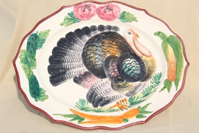 vintage Italian ceramic serving platter w/ hand painted Thanksgiving turkey