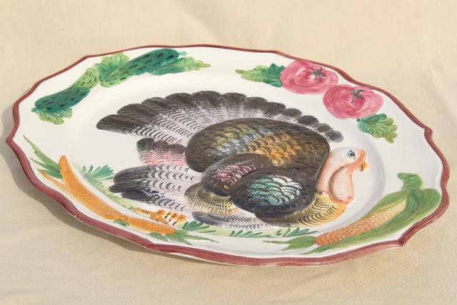 vintage Italian ceramic serving platter w/ hand painted Thanksgiving turkey