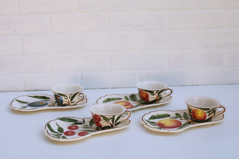 vintage Italian ceramic snack sets w/ hand painted fruit, large mug soup cups w/ tray plates