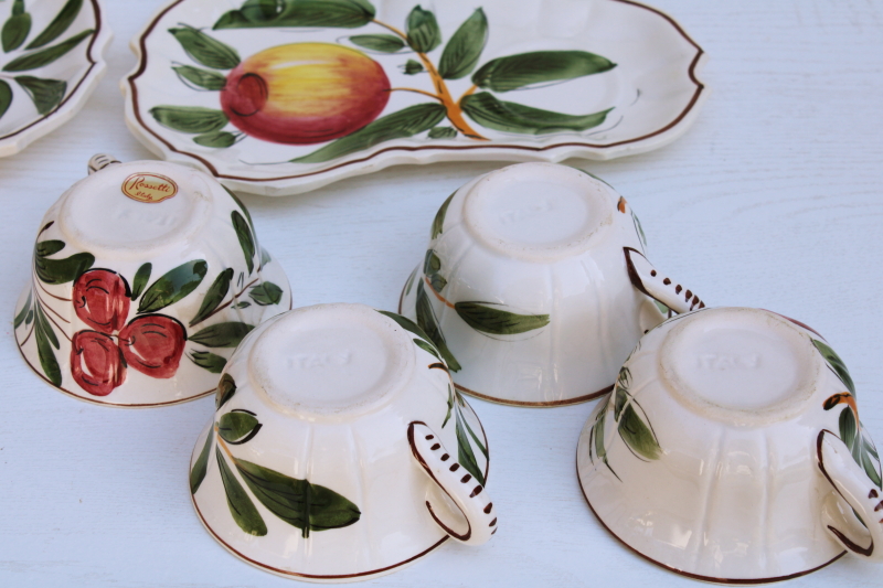 vintage Italian ceramic snack sets w/ hand painted fruit, large mug soup cups w/ tray plates