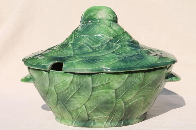 vintage Italian ceramic soup tureen covered bowl, majolica style rose leaf hand painted Italy