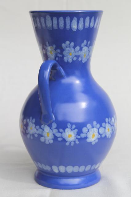 vintage Italian ceramic vase, daisies on blue hand-painted pottery made in Italy