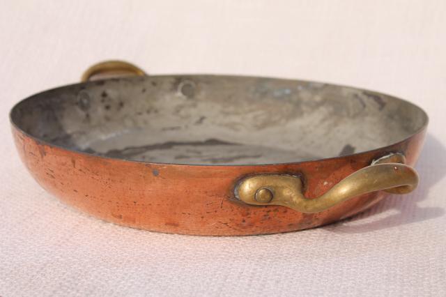 vintage Italian copper gratin flat baking dish / pan with brass handles