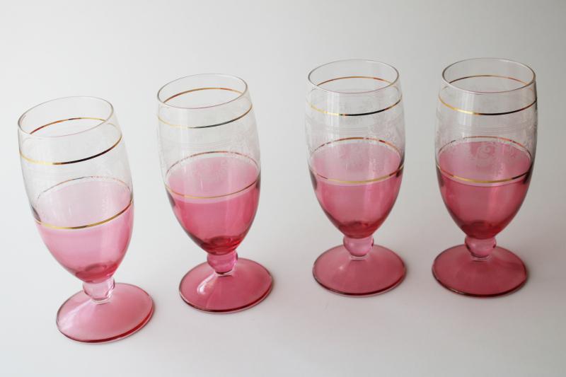 vintage Italian glass stemware, wine or water glasses w/ ruby rose stain color & gold