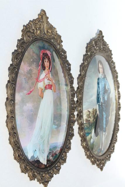 vintage Italian ornate gold metal picture frames w/ curved convex glass, pair of large prints