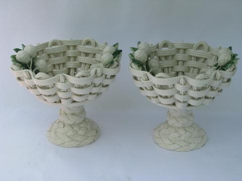vintage Italian pottery, pair pedestal compote fruit bowls w/ ceramic raspberries