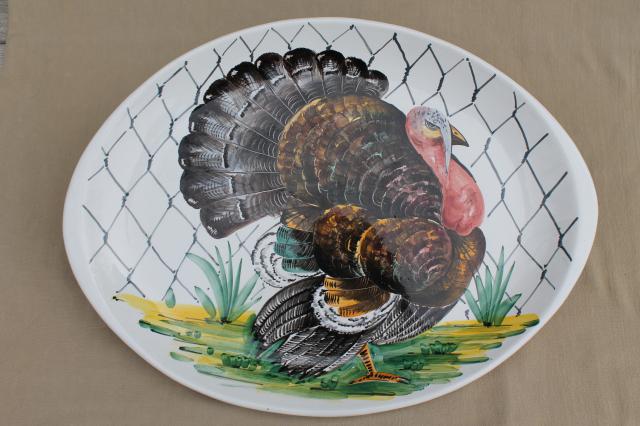 vintage Italian pottery turkey platter, hand-painted ceramic marked Italy