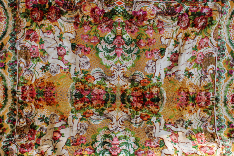 vintage Italian rayon cotton velvet plush drapery / wall hanging tapestry, roses, putti cherubs