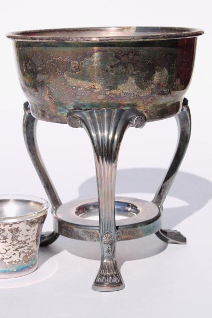 vintage Italian silver plate candle warming stand, glass coffee carafe