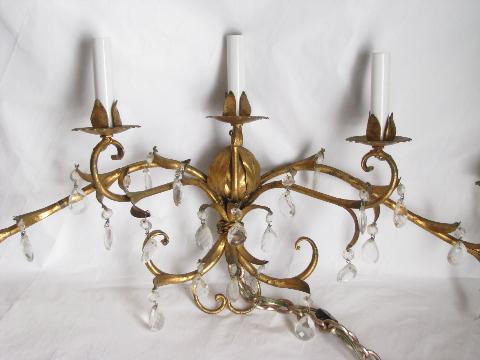 vintage Italian tole gold candelabra, five candle electric wall sconce light w/ glass teardrop prisms