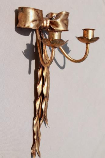 vintage Italian tole gold metal framed mirror & candle sconces wall sconce set