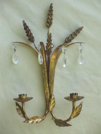 vintage Italian tole wall sconces, gilt sheaves of wheat candle sconce set