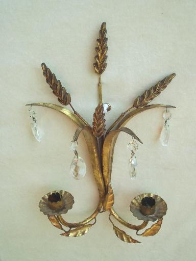 vintage Italian tole wall sconces, gilt sheaves of wheat candle sconce set