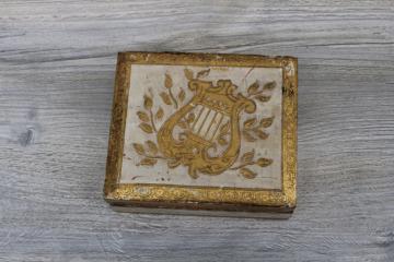 vintage Italy Florentine gilt wood trinket box, classical lyre hand painted gold