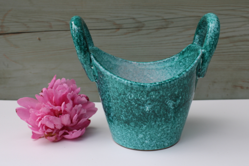 vintage Italy ceramic planter cache pot teal green spatter glaze, small bucket w/ handles