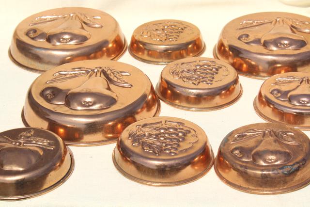 vintage Italy copper plated molds or baking tins w/ fruit designs, kitchen wall hanging decor