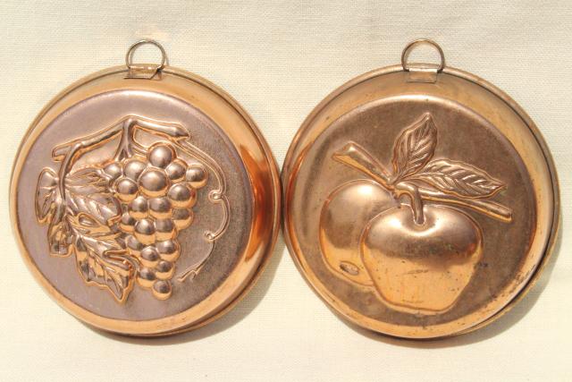 vintage Italy copper plated molds or baking tins w/ fruit designs, kitchen wall hanging decor
