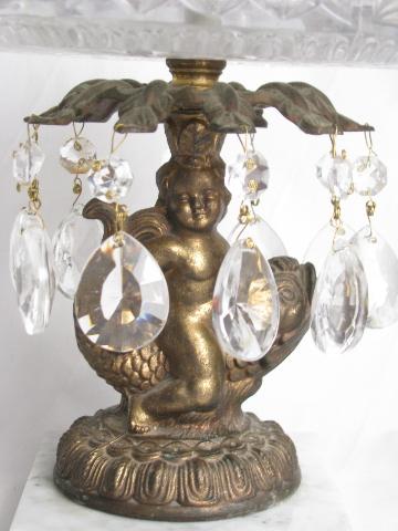 vintage Italy, crystal pedestal bowl, ornate gold cherub marble base, glass teardrop prisms