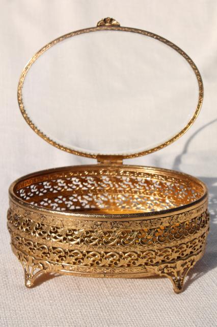 vintage Italy gold metal filigree jewelry box, large oval box for vanity dressing table